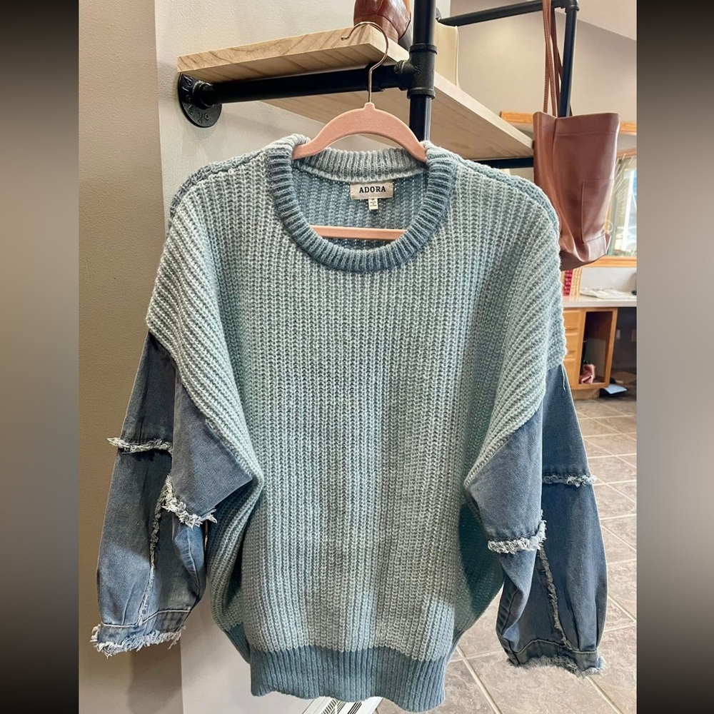 ADORA Powder Blue Knit Sweater with Denim Sleeve Accents